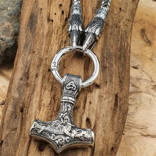 Massive Edelstahl Halskette Thors Hammer mit Hugin & Munin - Silberfarben - 60cm