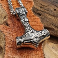 Edelstahl Halskette Thors Hammer verziert mit der Midgardschlange und Triquetra - 60 cm