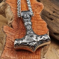 Edelstahl Halskette Thors Hammer verziert mit der Midgardschlange und Triquetra - 60 cm