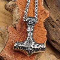 Edelstahl Halskette Thors Hammer verziert mit der Midgardschlange und Triquetra - 60 cm