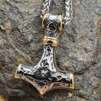 Edelstahl Halskette Thors Hammer verziert mit der Midgardschlange und Triquetra - Silber Gold - 60 cm