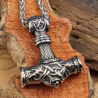 Edelstahl Wikinger Halskette Thors Hammer verziert mit der Midgardschlange - 60 cm