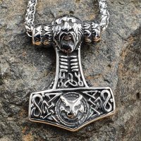 Edelstahl Halskette Thors Hammer mit Odin & Fenris Wolf - 60 cm