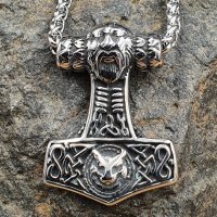 Edelstahl Halskette Thors Hammer mit Odin & Fenris Wolf - 60 cm