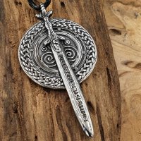 Kunstleder Wikinger Halskette mit Runenschwert mit Schild & Triskele Anhänger - 60 cm
