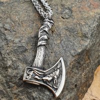 Edelstahl Halskette Odins Axt Fenris Wolf, Hugin & Munin mit keltischen Knoten - Silberfarben - 60 cm