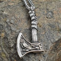 Edelstahl Halskette Odins Axt Fenris Wolf, Hugin & Munin mit keltischen Knoten - Silberfarben - 60 cm