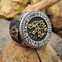 Fenris Wolf Ring, verziert mit Runen und Valknut "KALLUK" aus Edelstahl