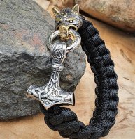 Paracord Armband "RAGNA" mit Thors Hammer und Wolfskopf aus Edelstahl - Gold- und Silberfarben 19 cm